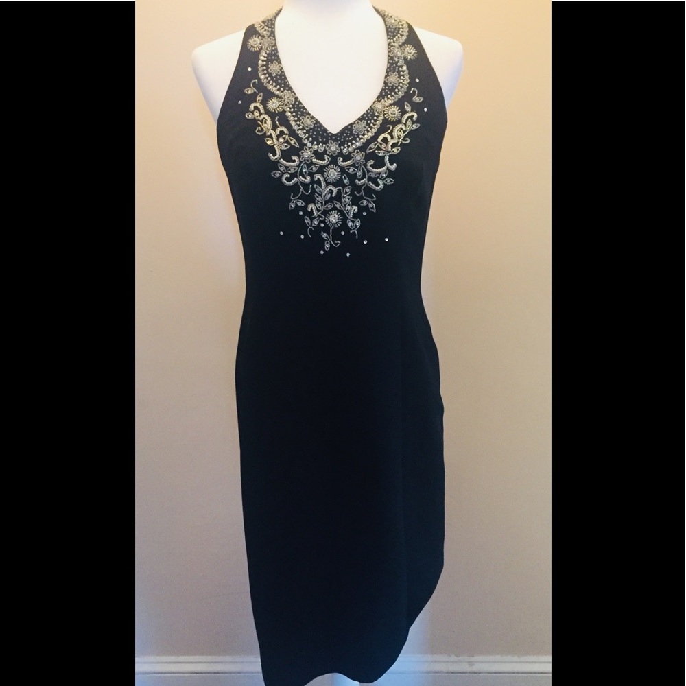 Black halter style embellished evening dress